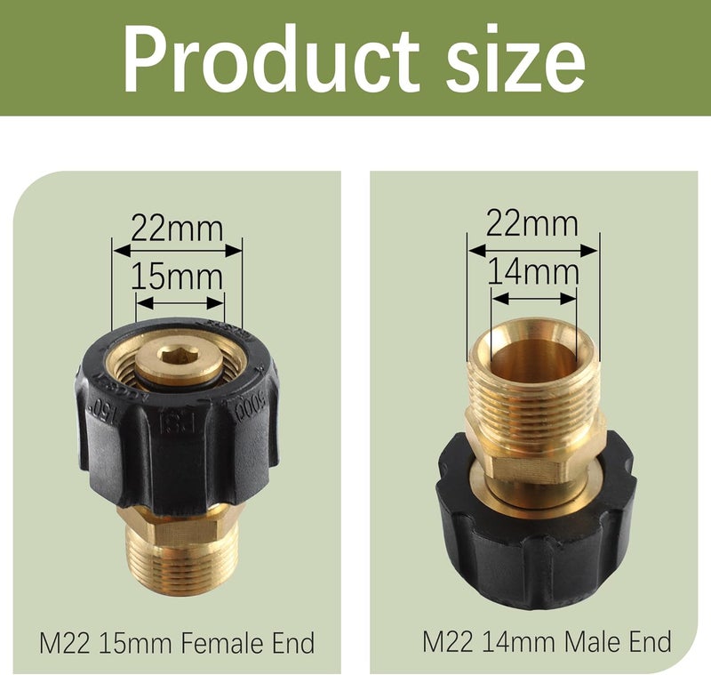 AUXBC Pressure Washer Adapter, M22 15mm Female Thread to M22 14mm Male Fitting, 5000 PSI Pressure Washer Hose Coupler Brass Quick Hose Connector - Image 2